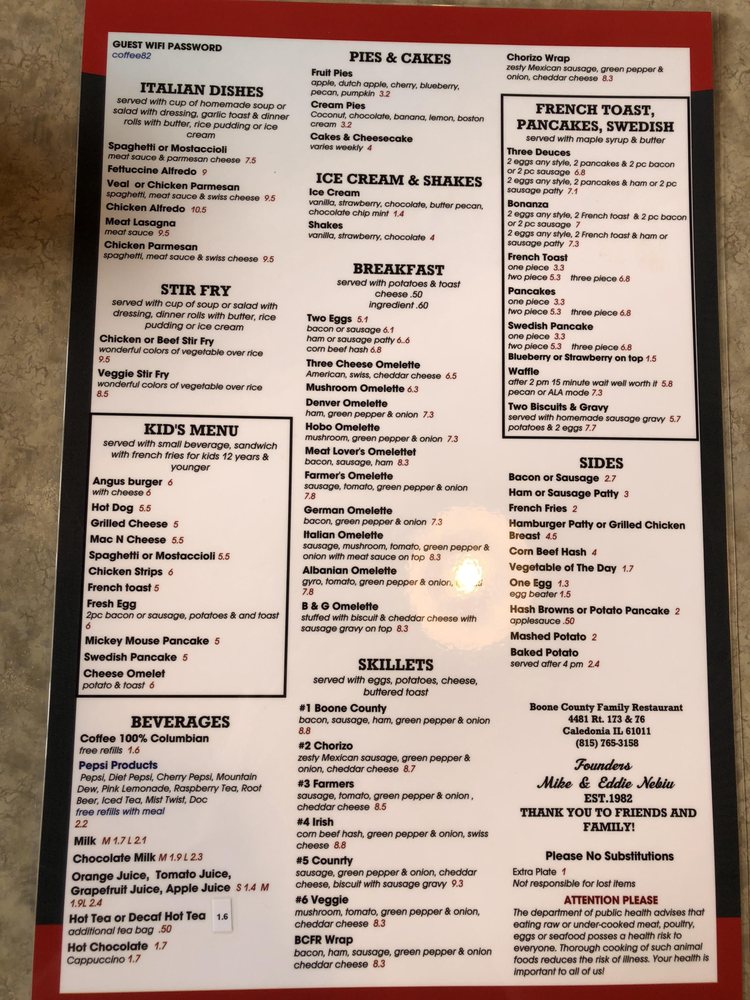 Boone County Family Restaurant menu 1